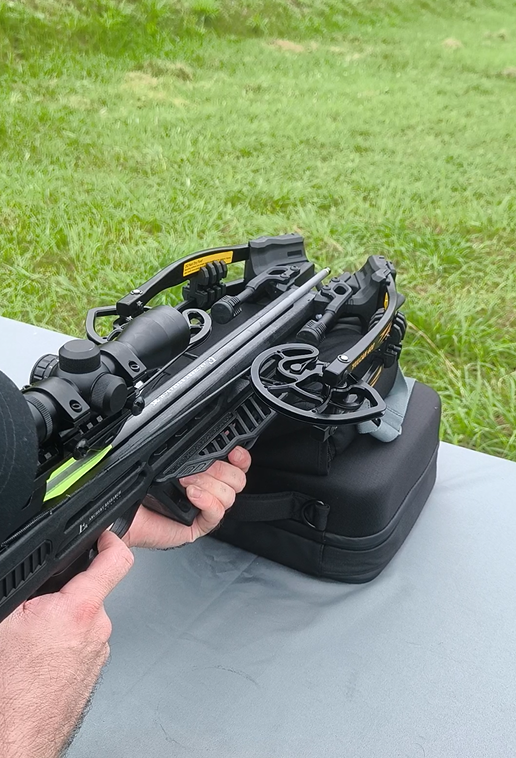Crossbow with optical scope on a shooting rest for the TACTICAL level challenge